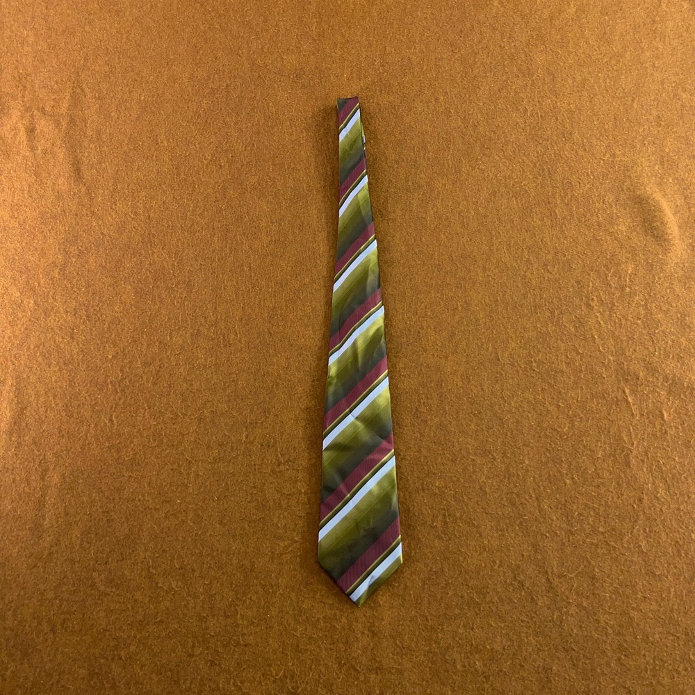 Kenneth Cole Mens OS Green Burgundy Striped Silk Hand Made Necktie